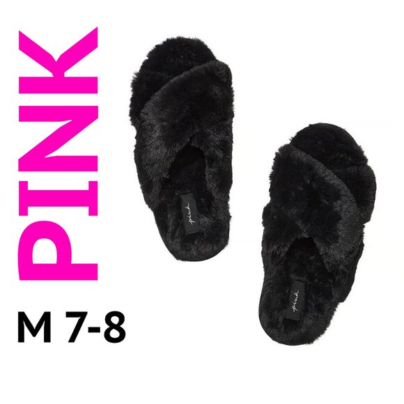 PINK Victoria's Secret CROSS OVER FAUX FUR BLACK SLIPPER (M-7-8) NWT! - Picture 1 of 11